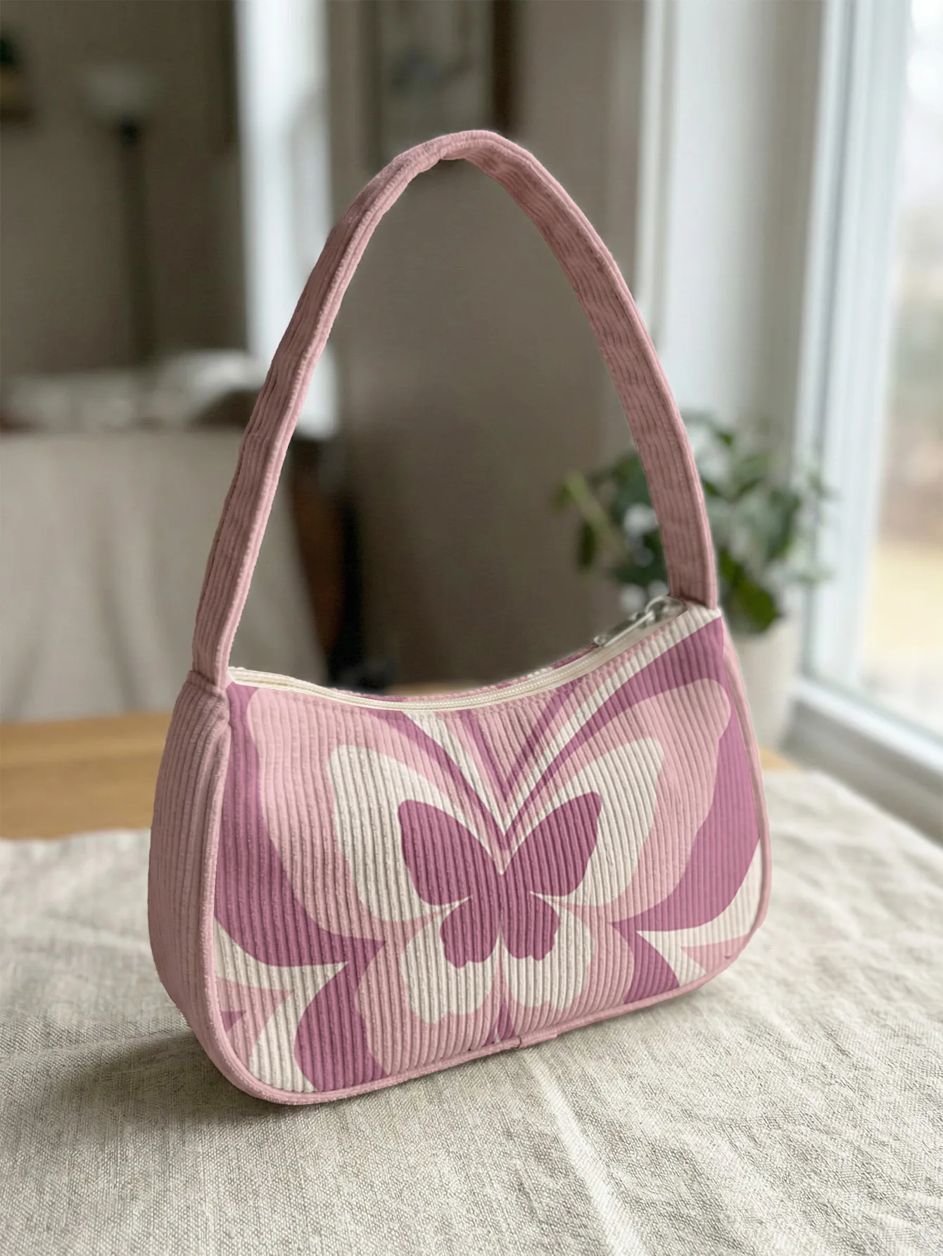 

Trendy Y2K Pink Butterfly Print Shoulder Bag, Cute Purple Corduroy Underarm Bag