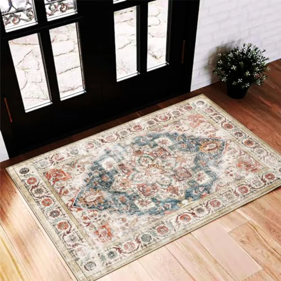 

Beige Blue Area Rug 2'x3' Washable Rug Door Mat Vintage Distressed Doormat Indoor Entrance Traditional Thin Floral Print Non Sl