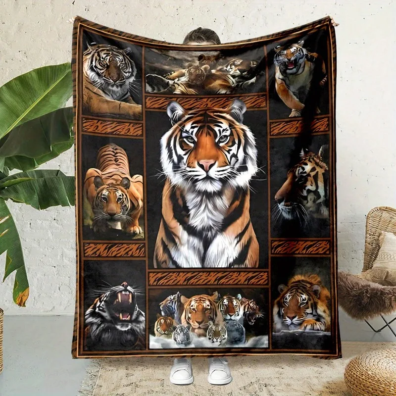 [Flanelldecke mit rustikalem Cartoon-Print] Rustikale wendbare Überwurfdecke mit Cartoon-Tiger-Print – Polyester-Flanell für alle Jahreszeiten