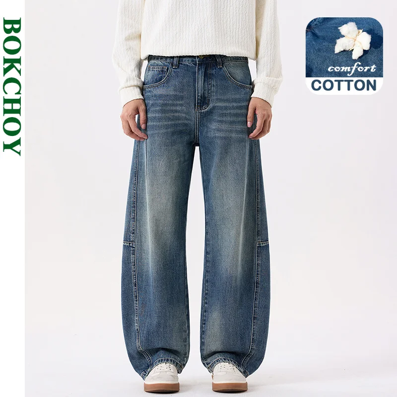 2026 Autumn New Cotton Straight Wide Leg Loose Dark Jeans for Men Clothing Vintage Washed Comfort Male Pants AG7543