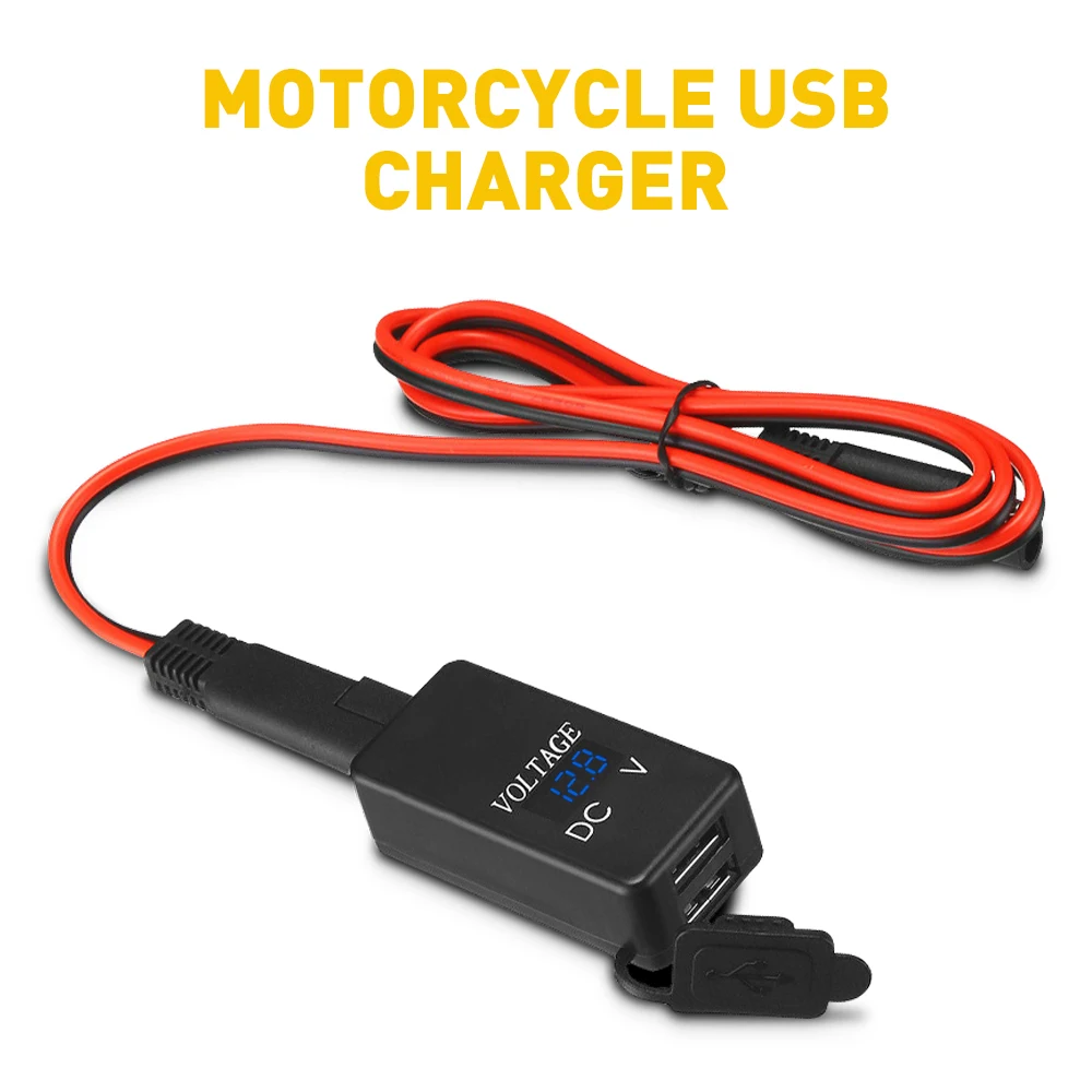 QC3.0 Motorcycle 2 USB Fast Charger Waterproof With Voltmeter Digital Charge SAE to USB  Motorbike Inline Fuse Power Supply