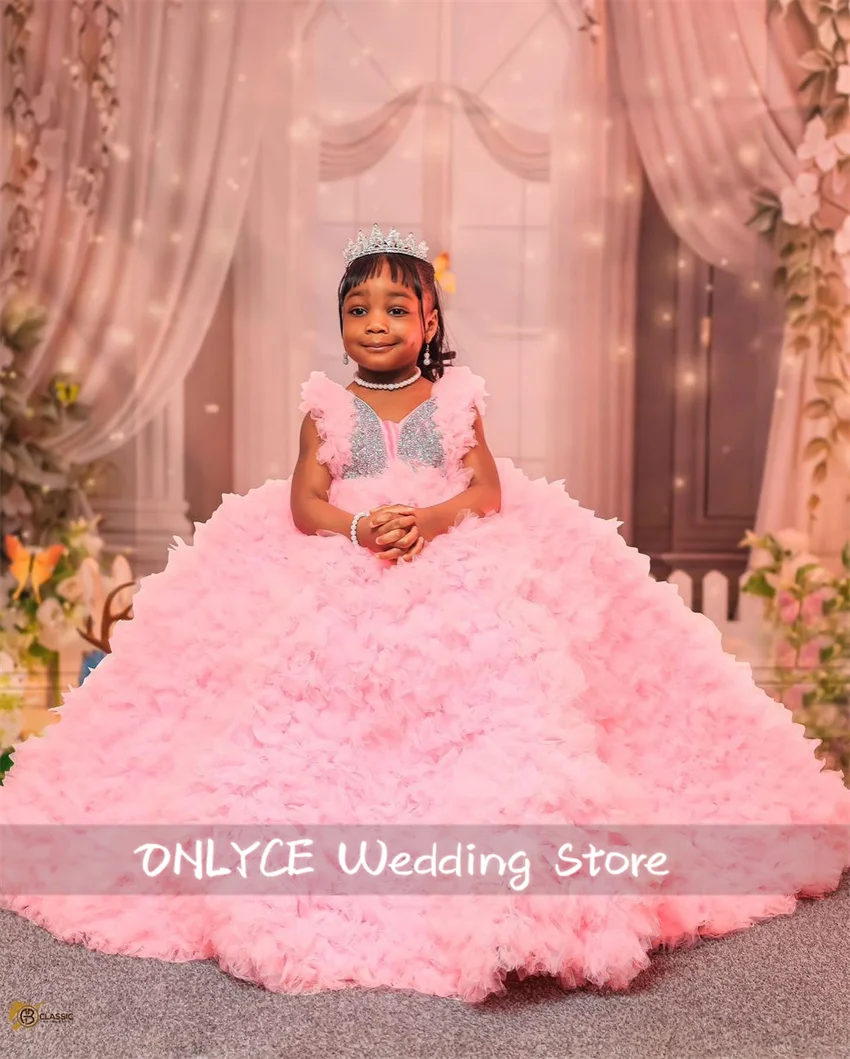 

Pink Flower Girl Dress Ruffle Tiered Bead Crystal For Wedding Ball Gown Birthday Party Banquet Princess Gowns Customized