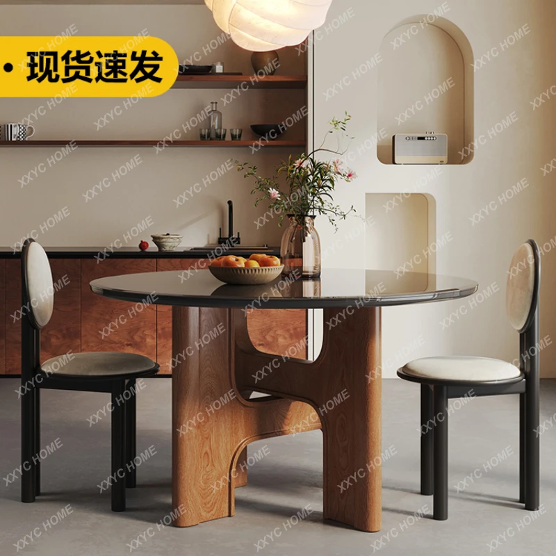 

Tempered Glass Double-Layer Dining Table and Chair Home French Retro Oak Solid Wood round Dining Table