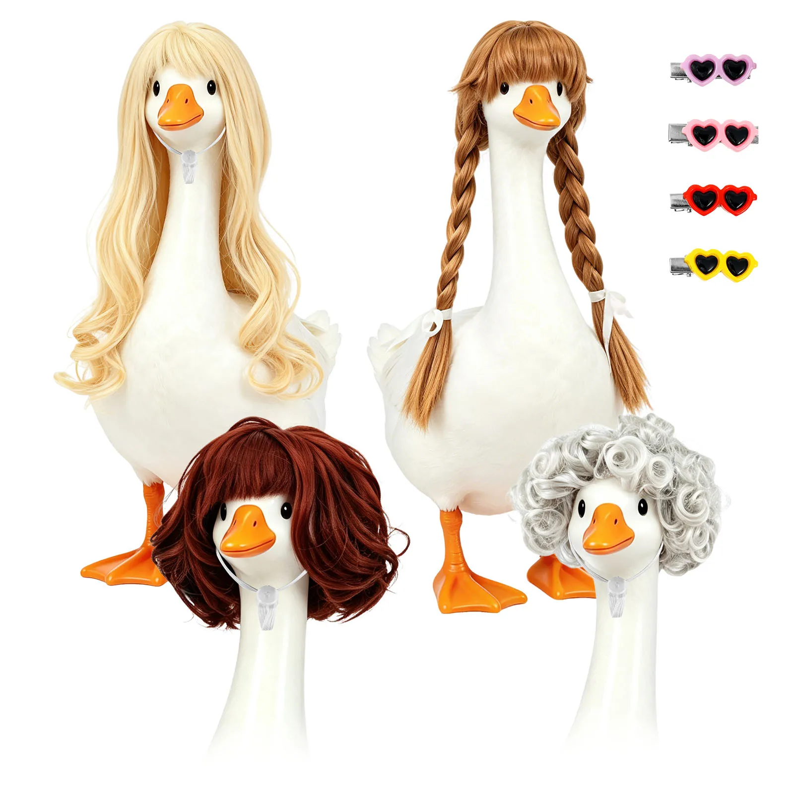 4Pc Porch Goose Wig Set with Hair Clip Synthetic Hair Wig Goose Statue Costume Accessory with Secure Strap for Yard Garden Decor