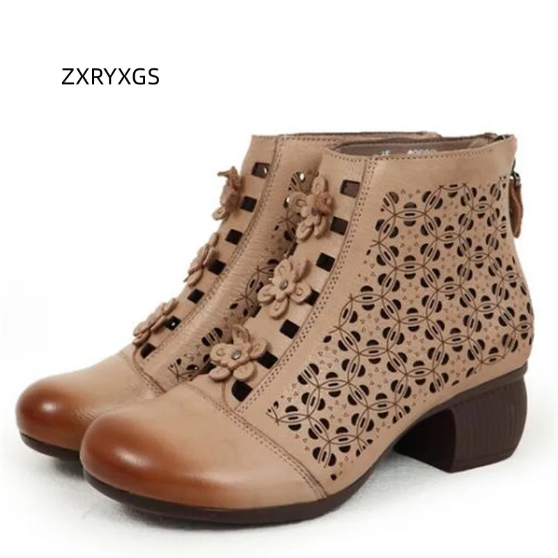 ZXRYXGS Toe Layer Cowhide Flowers Hollow Cool Boots Fashion Sandals 2024 Popular Spring Summer Boots Women's Medium Thick Heels