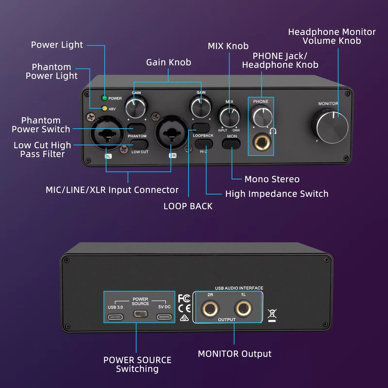 MQ22 Professional ASIO 2-Channel USB Audio Interface Mic Preamplifier Sound Card Low Latency For Live Recording Studio