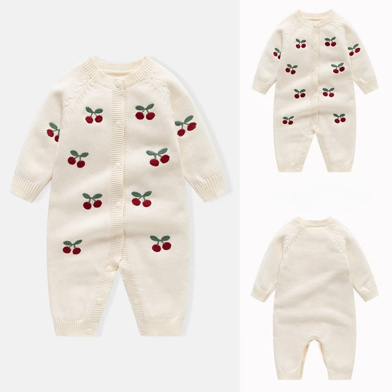 0-24M 100% Cotton Newborn Kid Baby Girl Romper Winter Warm Clothes Knit Baby Sweater Long Sleeve Jumpsuit Thick Outfit