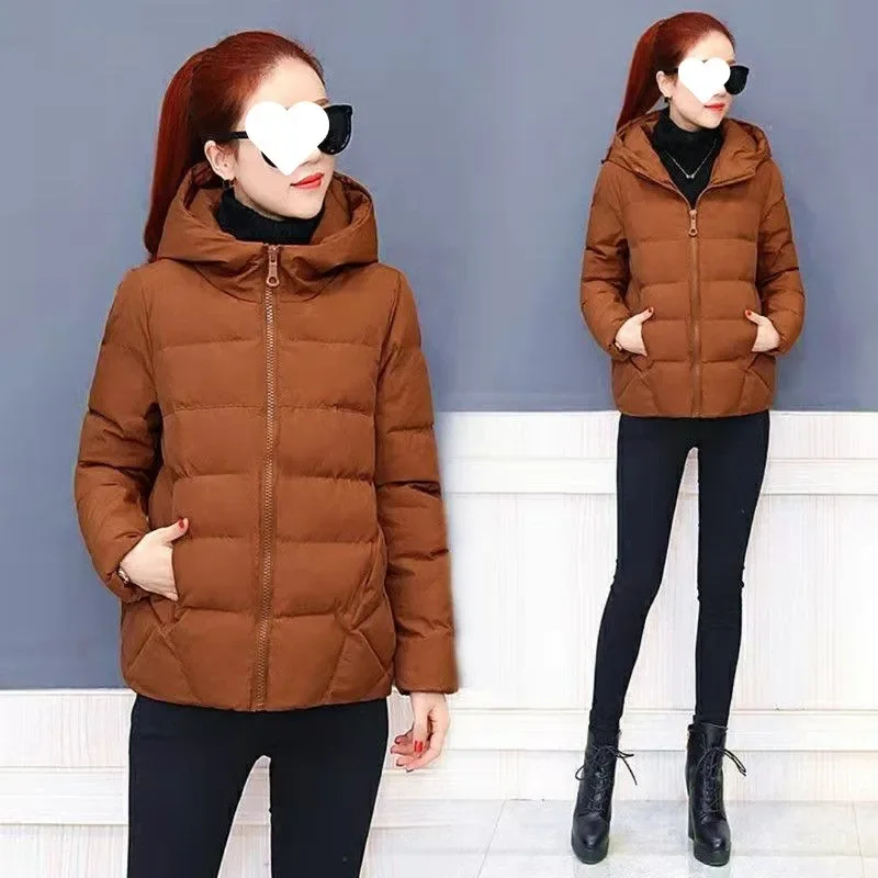 

2025 Winter New Women Light Hooded Jacket Warm Loose Short Outerwear Casual Fashion Solid Zippers Pockets Coats Women Clothing