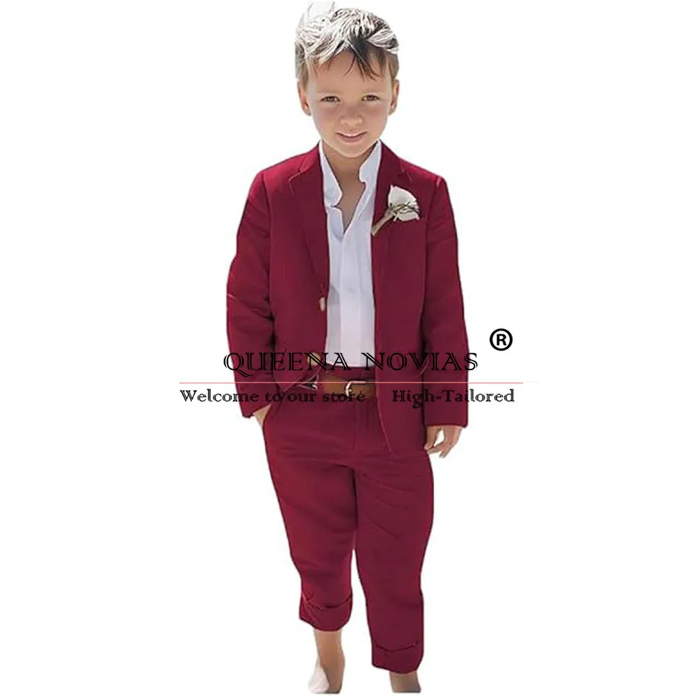 Trajes marrones de lino suave para niños, traje de 2 piezas para fiesta de boda, chaqueta de un solo pecho, pantalones, esmoquin de cumpleaños, Vestido de playa de verano