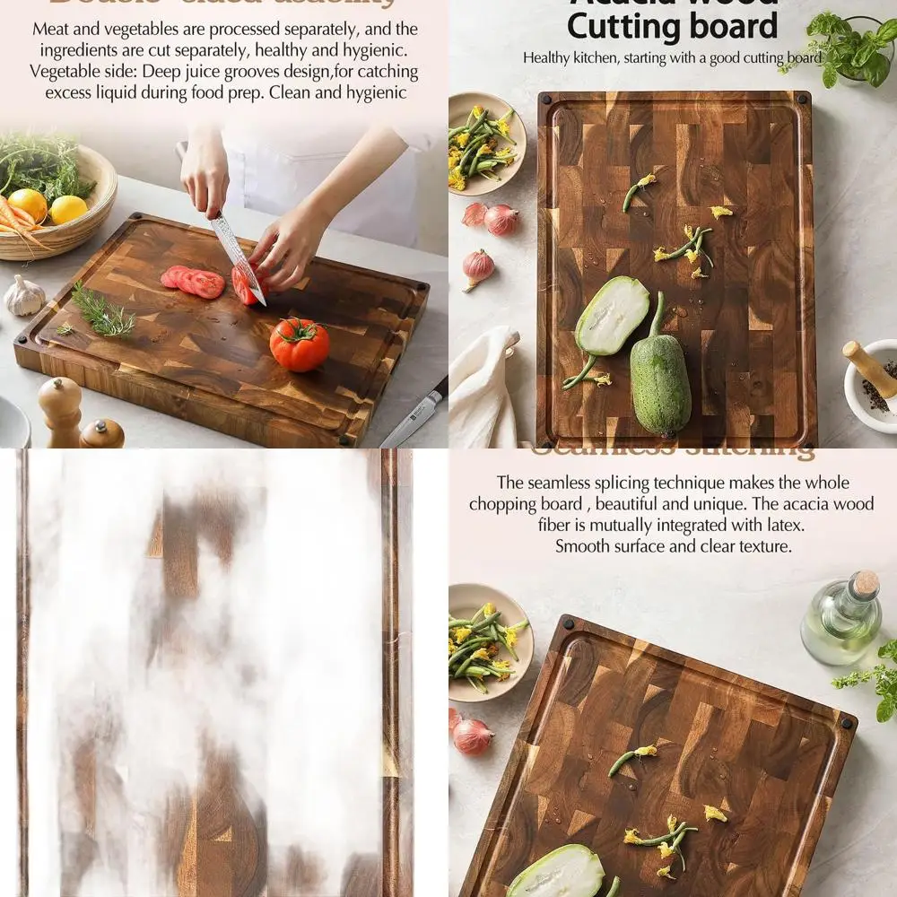 

Двусторонняя разделочная доска из дерева акации, 19 л x 14 Вт x 1,5 т, с нескользящими ножками, ручками и пазом для сока