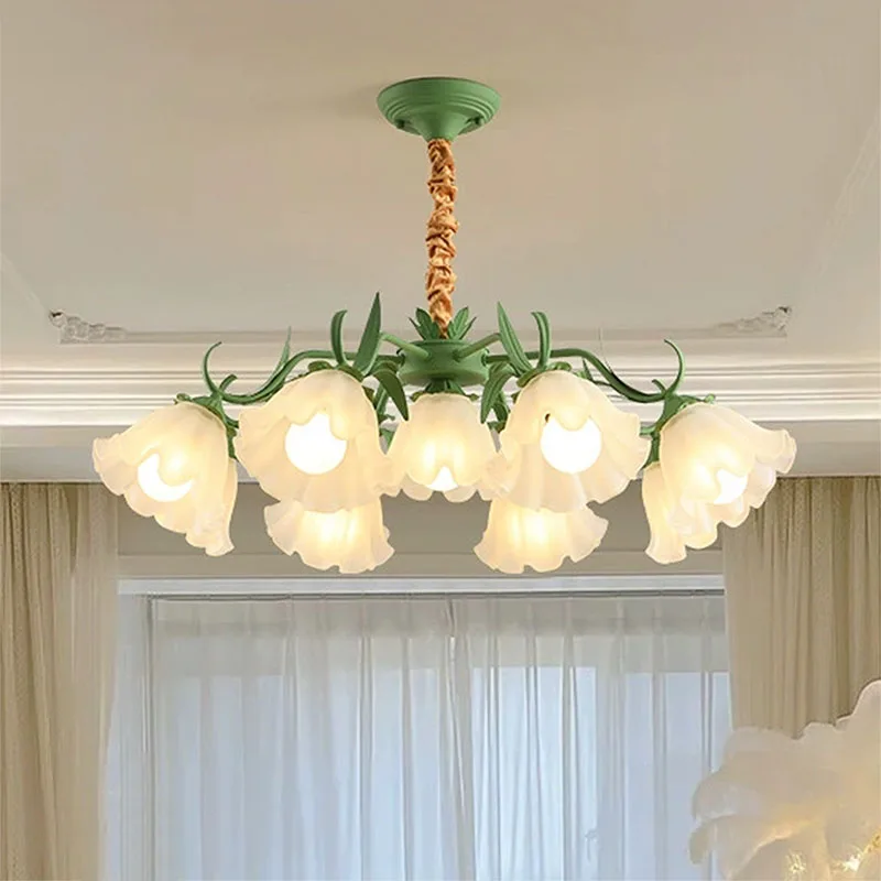 French Romantic Green Plant Lily Valley Flower Chandelier Ceiling Pendant Lamp for Living Room Clothing Shop Decor Rural lights