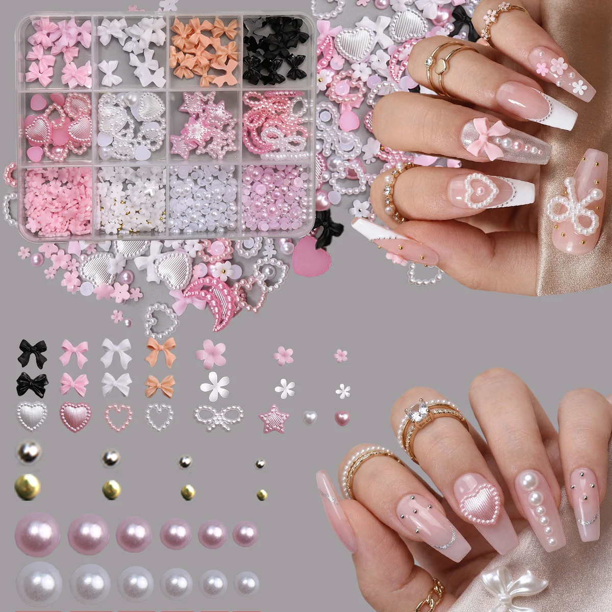 Schleifenherz-Nagelkunst-Charms, gemischte Perlen-Stern-Blumen-Harz-Dekorationen für Maniküre, DIY Sommer-Musikfestival-Hochzeitsornament