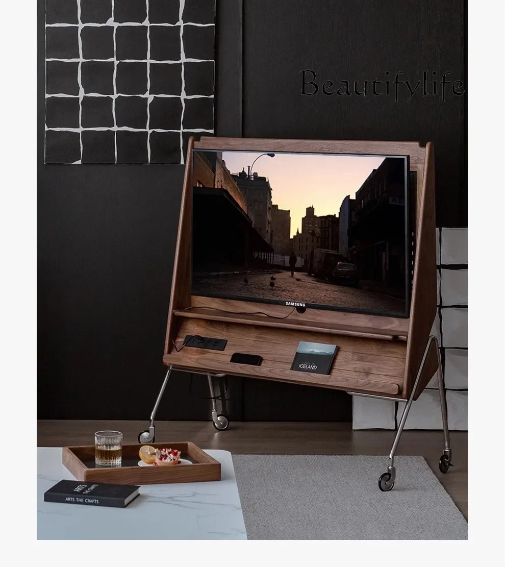 

Living Room Home Mobile TV Cabinet Rack Leisure Cabinet North American Black Walnut Solid Wood TV Rack
