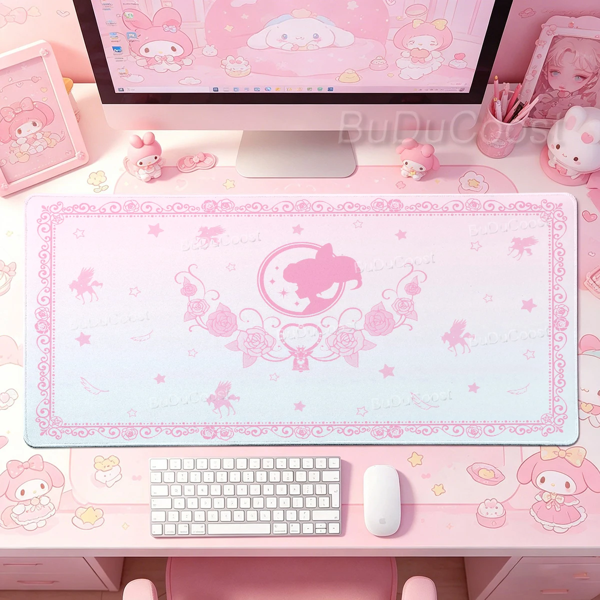 Sailor Moon Mauspad, Gaming-Tastaturzubehör, Blumenmuster, HD-Druck, XXL, niedliches Mädchen, rutschfest, für Büro, Schreibtischunterlage, Laptop-Teppich