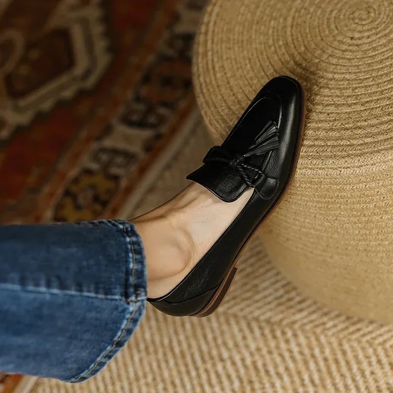 

Весенняя женская обувь из натуральной кожи 2024, повседневные лоферы без шнуровки, удобная простая обувь, женская обувь с квадратным носком, Zapatos De Mujer