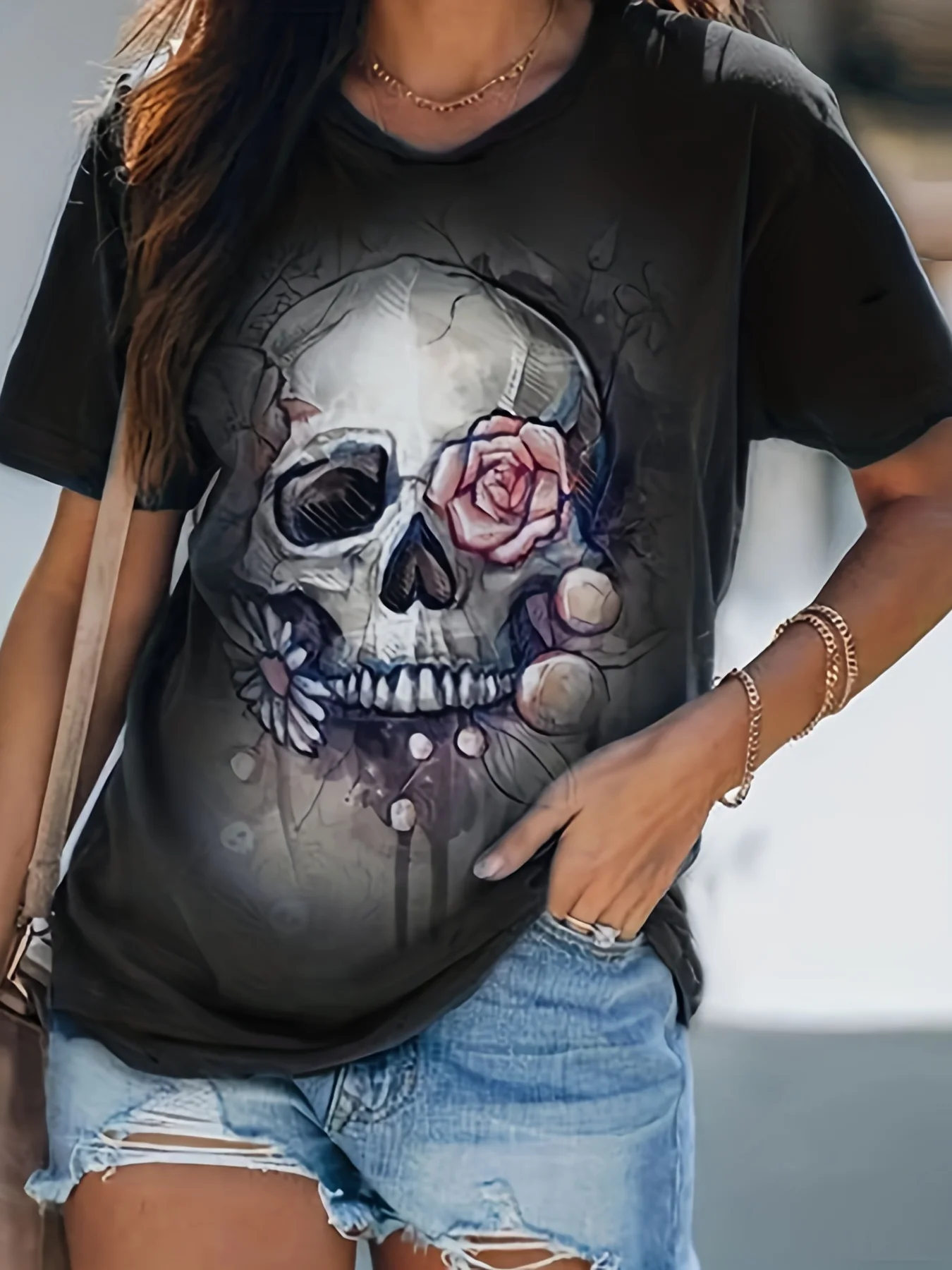 Summer V-neck T-shirt for women\'s new 3D skull print short sleeved polyester street clothing holiday travel top