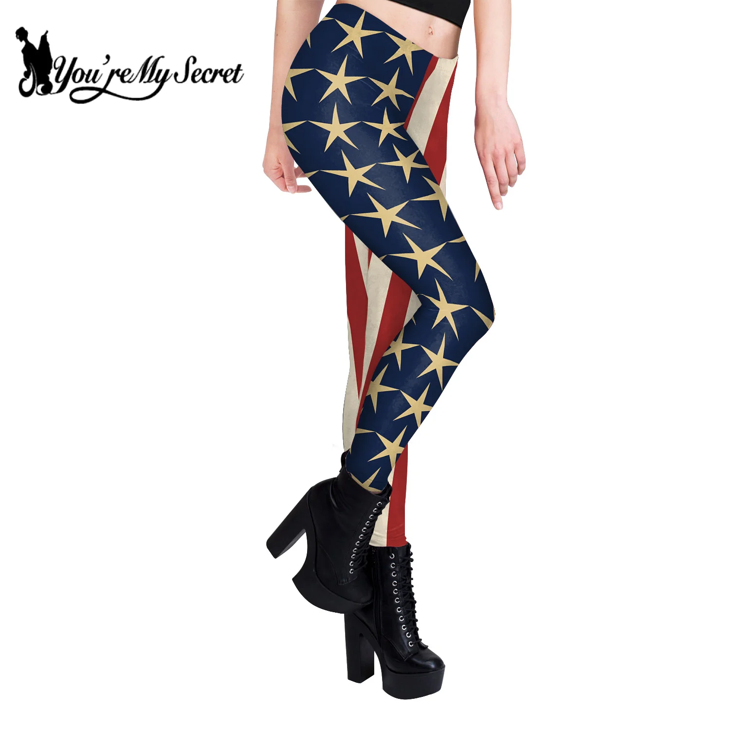 [You\'re My Secret] Women High Elastic Leggings Tights Sexy Pencil Pants Slim Trousers Female Flag Stripe Star Print Leggings