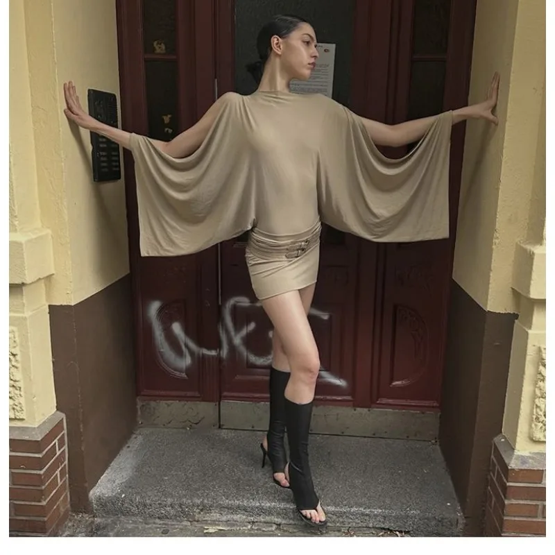 الشارع الرجعية نمط كسول خارج الكتف فستان بأكمام طويلة المرأة ضئيلة مطوي الورك تنورة