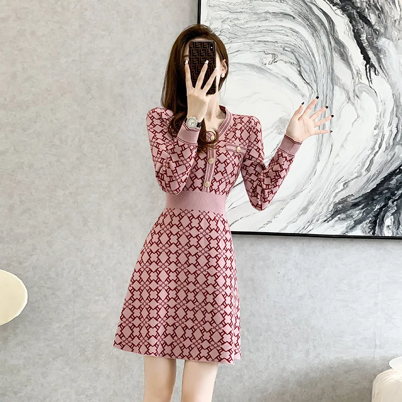 #0907 Pink Plaid Sweater Dress V-neck Buttons High Waist Vintage Short A-line Dress Long Sleeve Retro Stretch Office Mini Dress