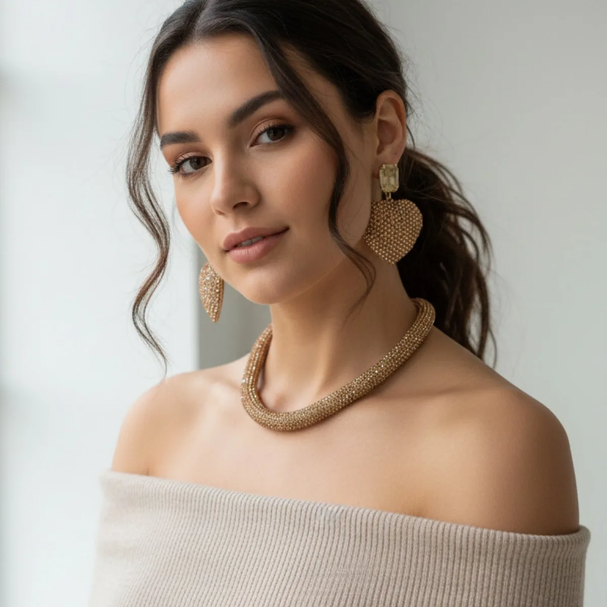 Multi Layer Gold Beaded Choker Necklace Solid Hollow Heart Pendants Hammered Texture Bold Trendy Statement Jewelry