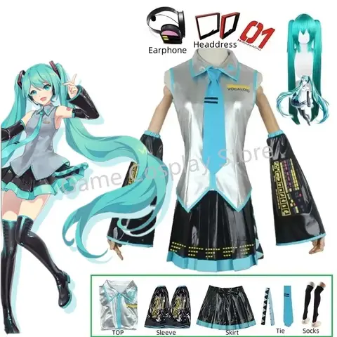 Miku Cosplay Full Set Silver Leather Fabric Suit Miku Cosplay Headwear Costume Outfit JK Sailor Dress High School Uniform Wig