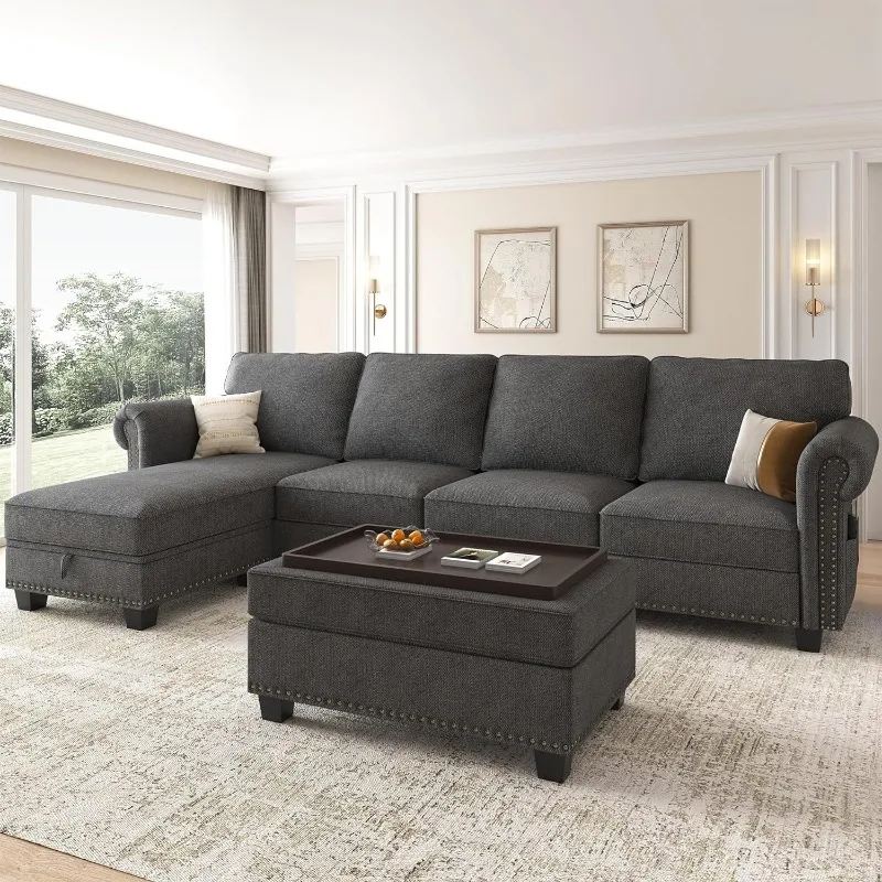 

Velvet Sectional Sofa Set, L Shaped Sectional Couch with Storage Tray Ottoman Convertible 4 Seater Sofa Couch for Living Room