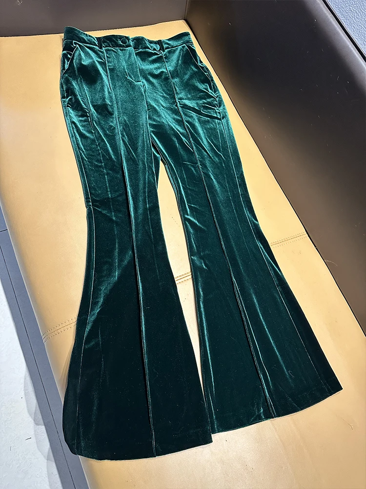 Dark Green Velvet Pants Fashion Midi Waist Long Flared Pants Trousers Women