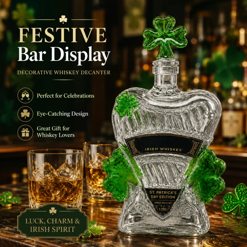 St. Patrick's Day Glass Decanter Shamrock Clover Whiskey Bottle Irish Holiday Bar Decor Collectible Gift