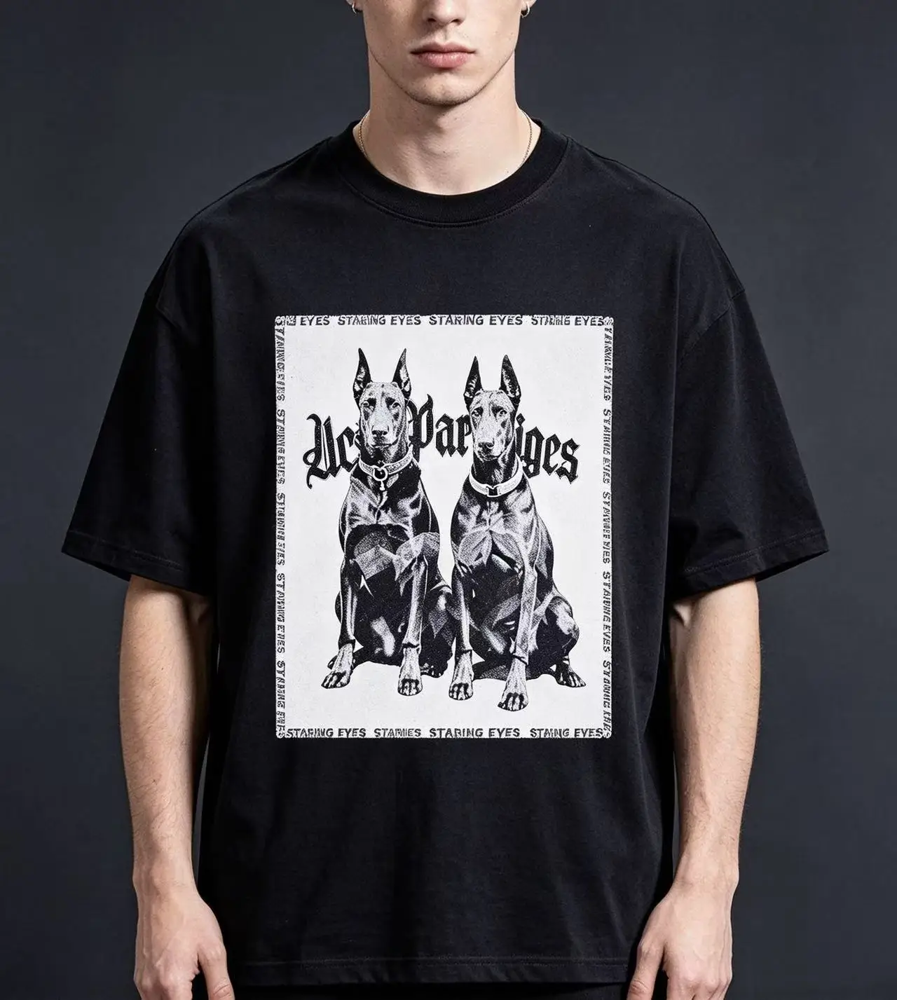 Unisex Twin Doberman Pinscher Gothic Letter Graphic T Shirt Men Women Black White Border Frame Print Oversized Crew Neck Streetwear Cotton Top