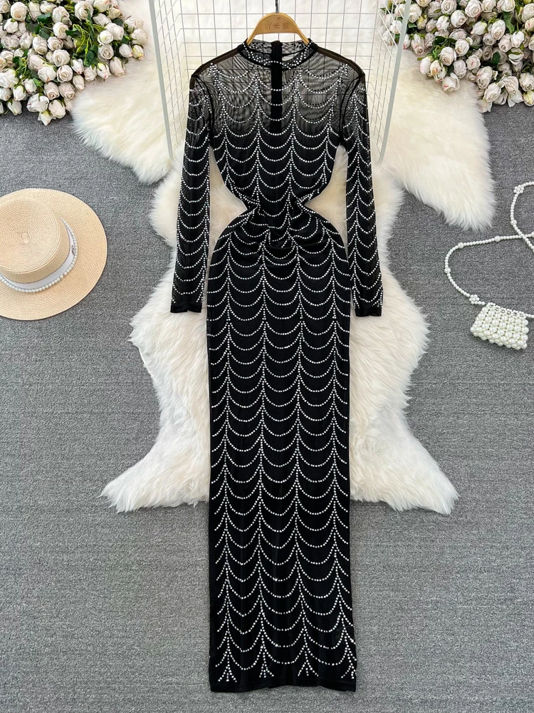 Autumn Women Sexy See-Through Diamonds Sheath Long Dress Black Stand Collar High Waist Bodycon Maxi Vestidos Female Robe New