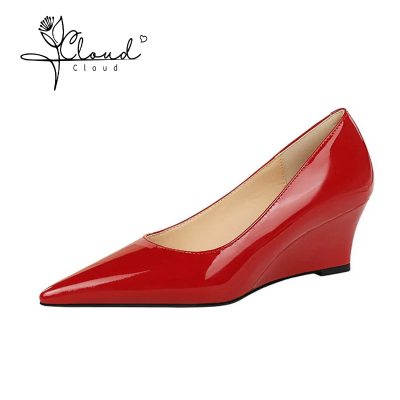 

Women Patent Leather Wedge Ladies Shoes Autumn Pointy Toe Shallow Woman Pumps Red Yellow High Heels Female Wedding Dress Shoes