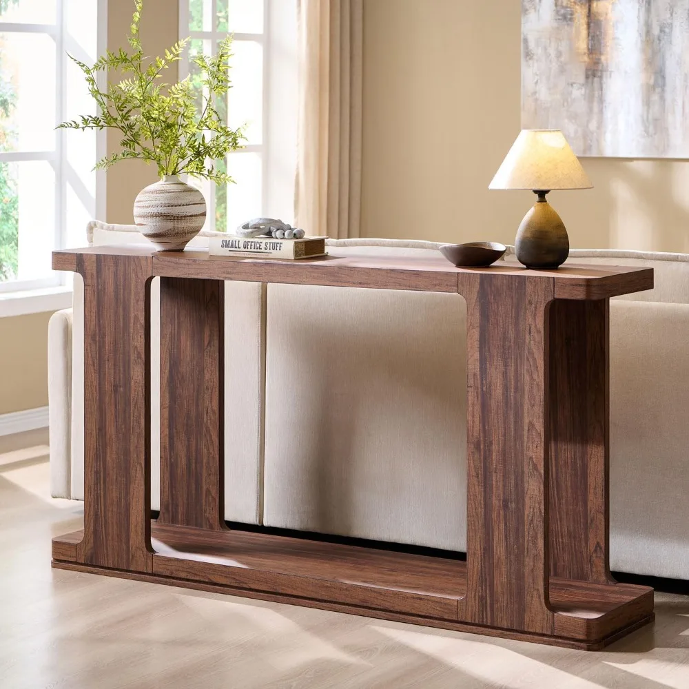 طاولة وحدة تحكم للمدخل الحديثة بوصة، طاولة أريكة طويلة بطبقتين خلف الأريكة مع حافة منحنية، علامة تبويب دخول ضيقة من الخشب #1