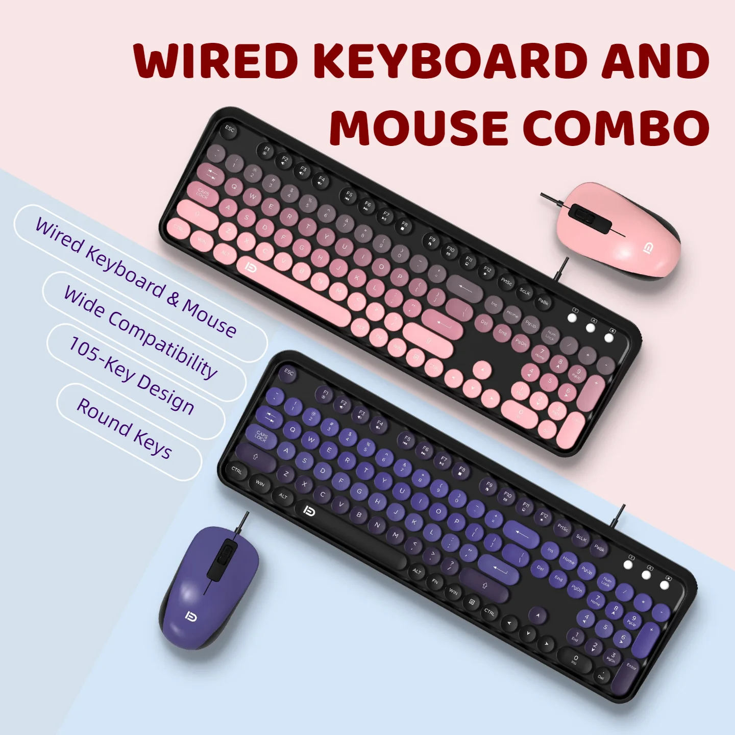 Retro Punk Round Keycap Wired Keyboard Mouse Combo Set 105 Keys USB Gaming Office Typewriter Style Mechanical Feel Pink Purple Gradient PC Laptop