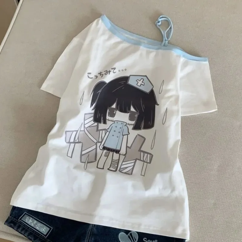 Japanese Cute Cartoon Print T-shirt Women Casual Loose Preppy Sytle Tees New Kawaii Subculture Harajuku Sweet Girl Cloths Tops