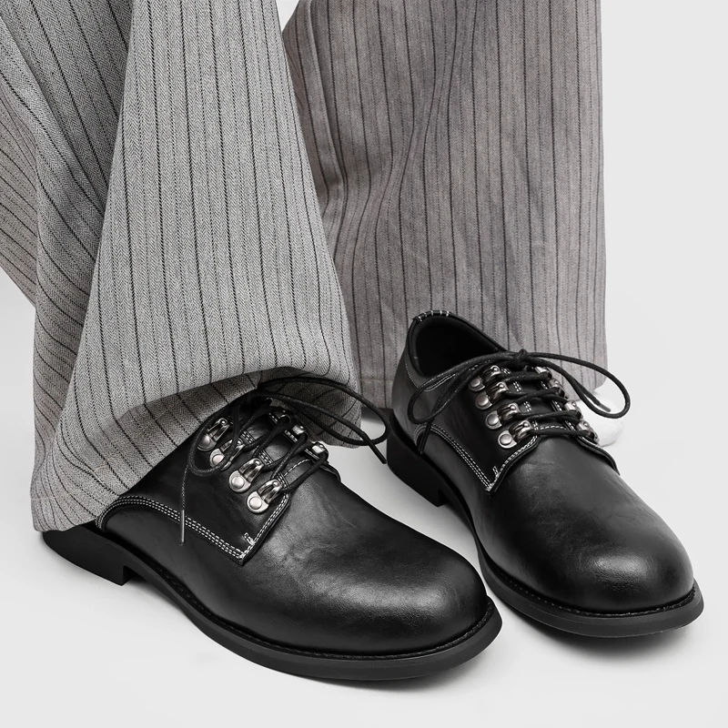 Men Casual Derby Shoes Black with Heel Toe Cap Retro Men Thick-soled Durable Business Casual Leather Shoes Sizes 38-46 Shoes Men