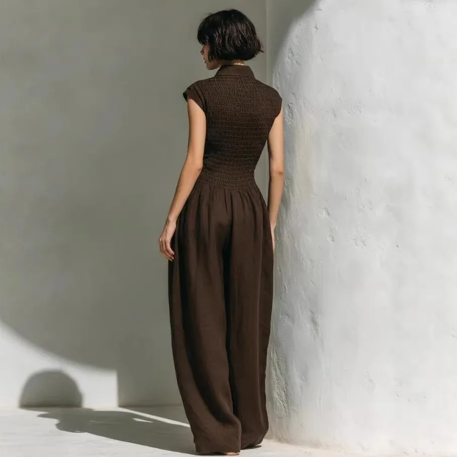 Women's Korean Style Sleeveless Solid Color Loose Fit Mid Waist Woven Jumpsuit For Woman Elegance Women Casual Thin Pants