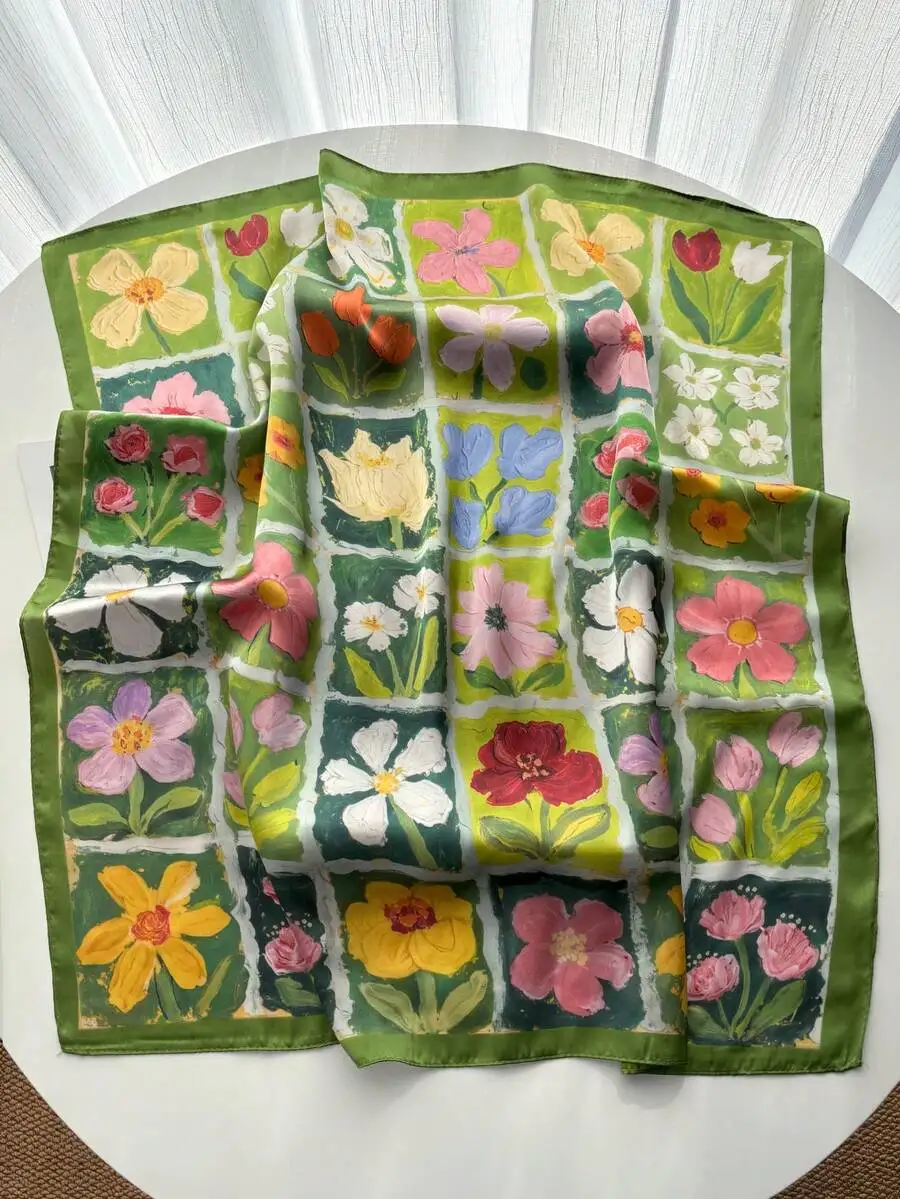 

1pc Women's Elegant Retro Printed Thin Satin Scarf, Faux Silk Material, Bohemian Vintage Casual Style