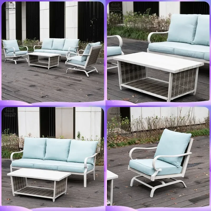 Outdoor Wicker Rocking Sofa Set with Coffee Table Aluminum Alloy PE Rattan Waterproof Anti-Rust Garden Patio Balcony