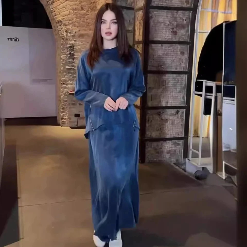 

Retro Solid Color Round Neck Loose Top Skirt Set New Spring 2025 2 Piece Set for Women