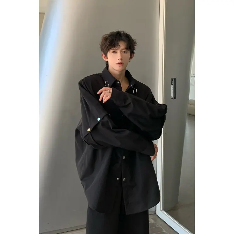 

Cleanfit Black Shoulder Pad Shirt Men's Long Sleeve Korean Style Metal Splicing High-End Feeling Cool Trendy Brand Shirt
