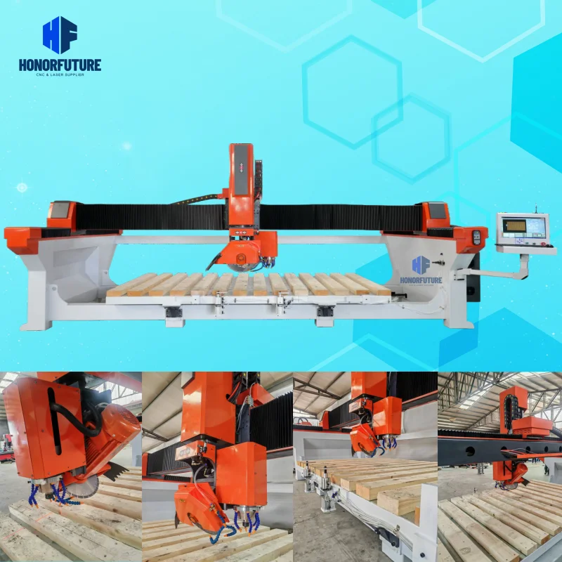 Automatic Kitchen Countertop Cnc 5 Axis Bridge Saw Granite Marble Stone Cutting Machine Price with 45 Degrees Spindle