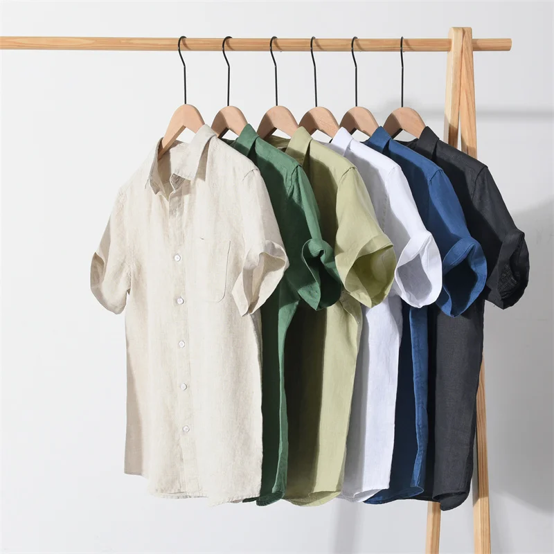 

Yarn-Dyed Linen 100% Shirts For Men Short Sleeved Luxury Solid Summer High Quality Coolness Breathable Vintage Camisas De Hombre