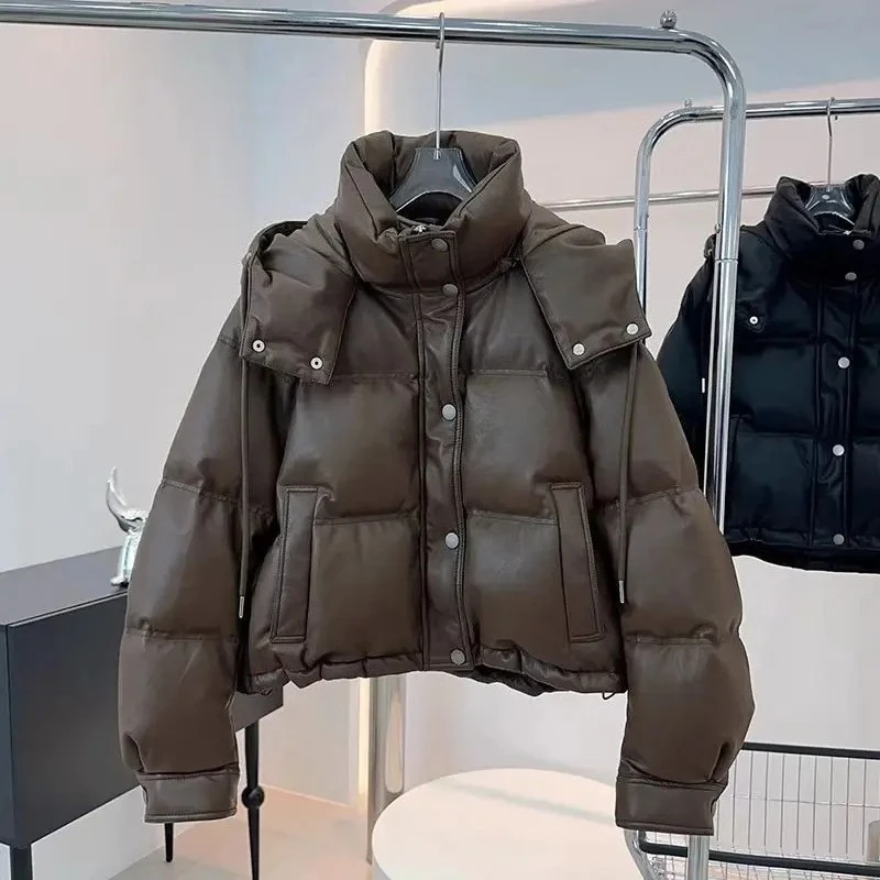 

Winter Thick Warm Short Parkas Women Fashion Black PU Leather Coats Women Elegant Zipper Cotton Jackets Female Ladies