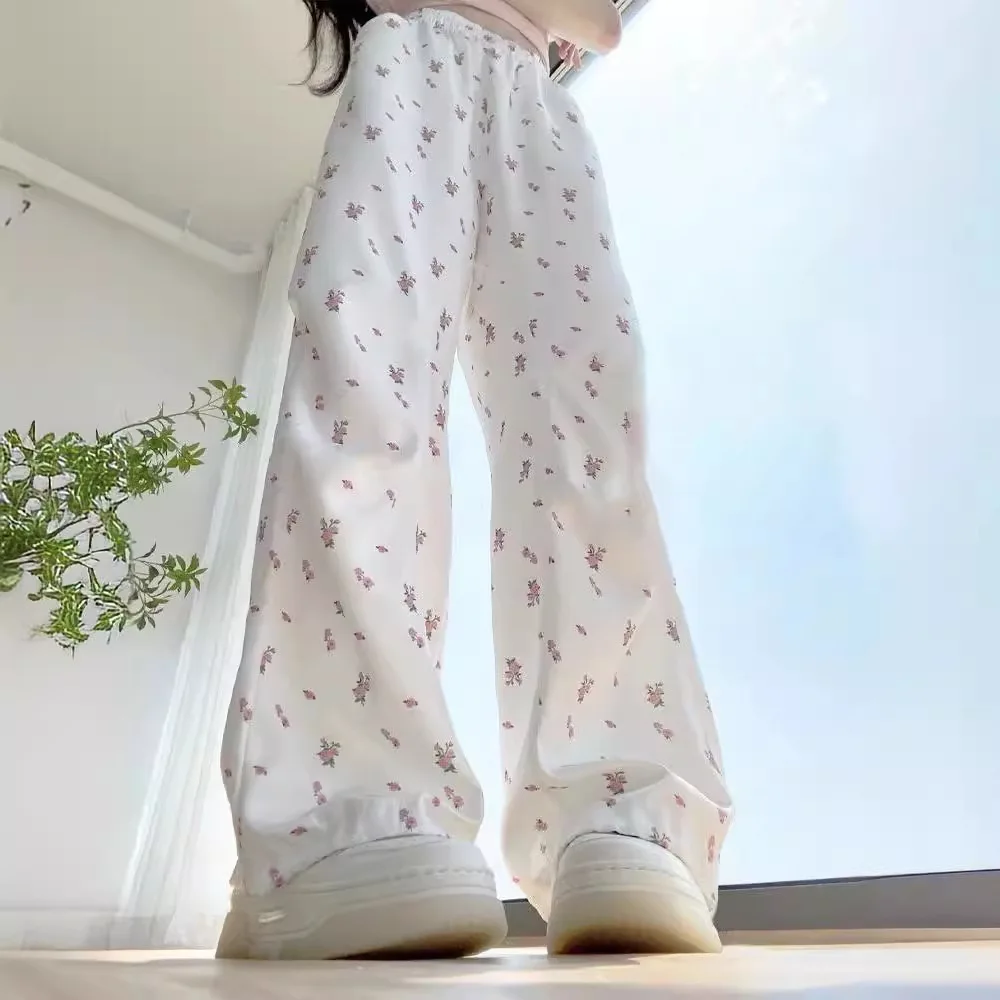 여성용 바지여성용 바지바인드 피트가 있는 꽃무늬 작업 바지 Y2K 루즈 팬츠여성용 신축성 있는 바지겨울 바지
