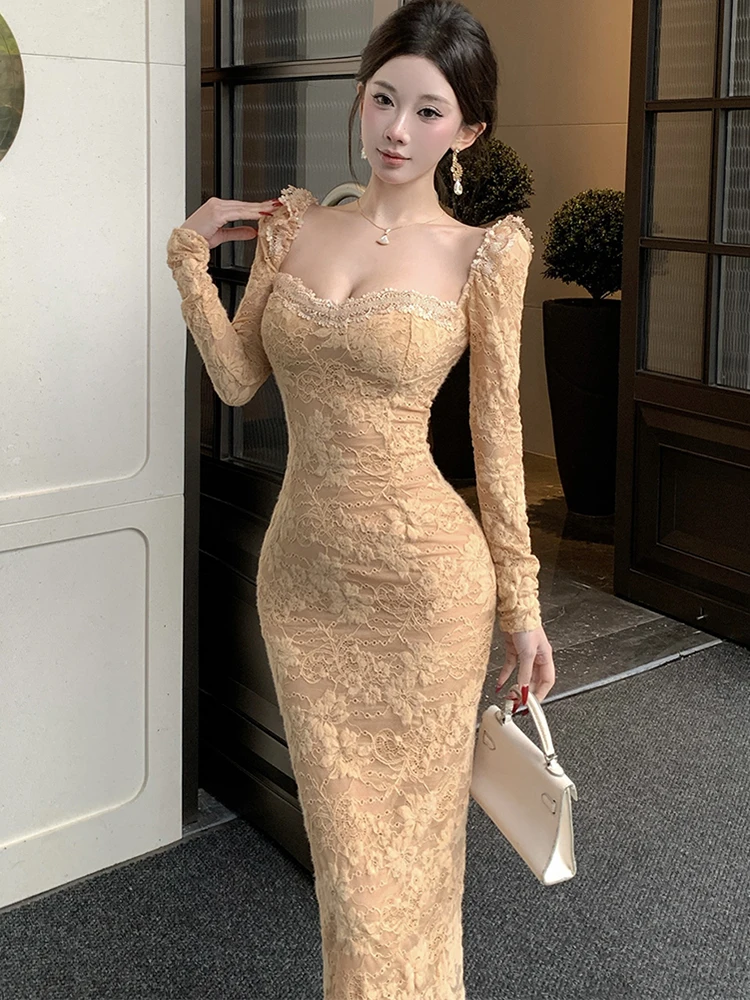 2025 New Lace Jacquard Floral Sqaure Collar Sexy Long Dress Autumn Winter Korean Bodycon Dress Women Elegant Luxury Party Dress