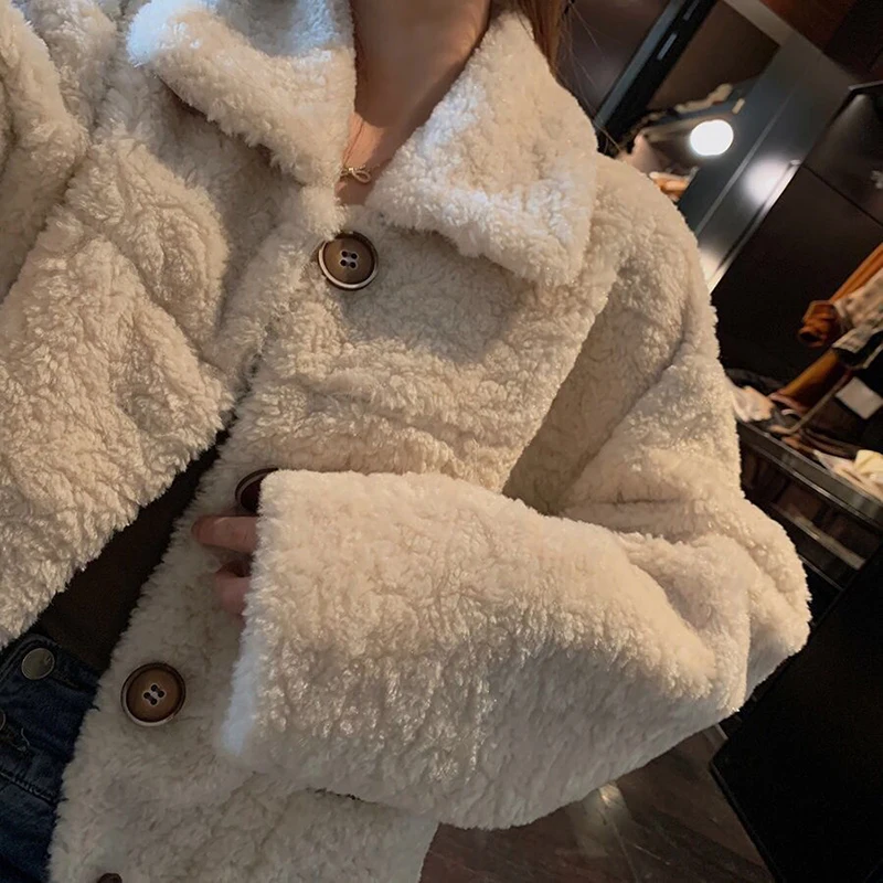 Artificial Lamb Plush Jacket Women Autumn Winter Long Sleeve Loose Stand Collar Sweet Coat Comfort Warm Jacket for Women