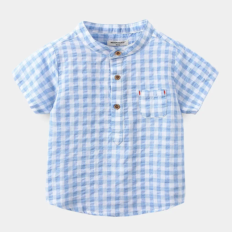 Small and medium-sized children's cotton blue T-shirt 2024 summer boys' s fashionable casual short-sleeved shirt