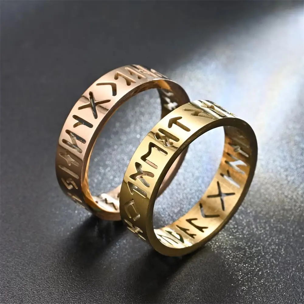 Nordic Hollowout Odin Amulet Vintage Rune Ring Stainless Steel Character Ring for Men Wedding Jewelry Charm Gift for Valentine's