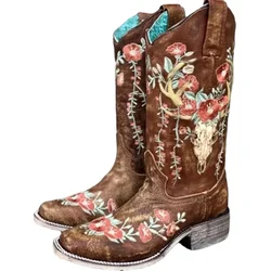 Autumn Winter New Boots Women Mid-Calf Printed embroidery PU Mature Retro Concise Women Shoes brown Modern Boots