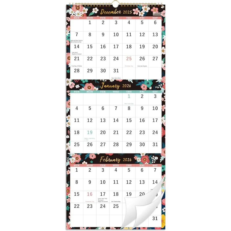 

2026 Wall Calendar - 3-Month Display Vertical Calendar 2026 Calendar from Dec. 2025 - Jan. 2027 11" x 26" Lay- Flat Perfect for